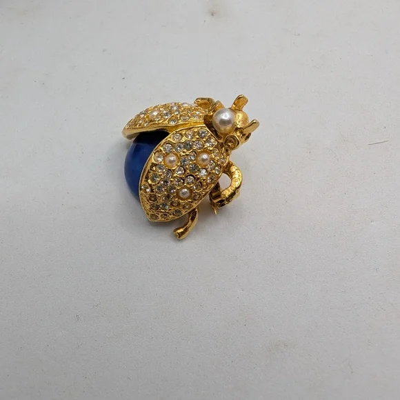 Vintage Blue Moonstone & Pearl Ladybug Brooch Pin - Picture 2 of 3